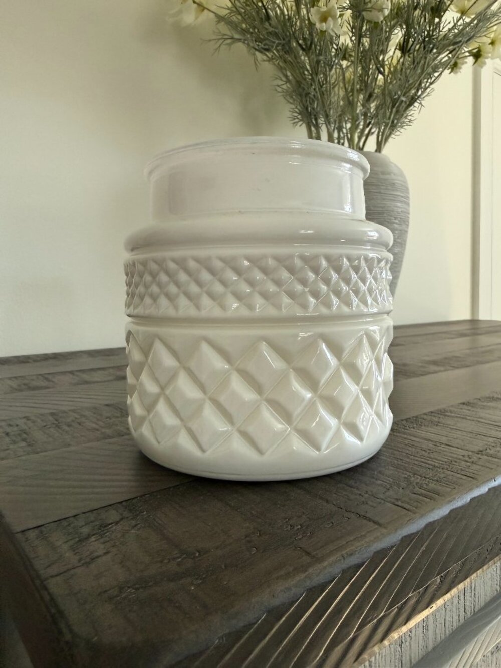White Glass Jar Candle Holder Diamond Design Home Accent Housewarming BDay Gift